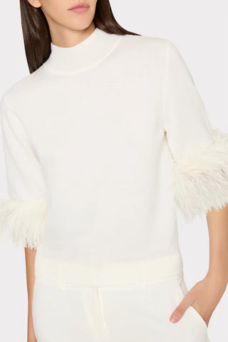 Short Sleeve Feather Mock Neck Sweater - Ecru