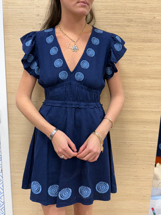 V-Neck Flutter Sleeve Mini Dress - Navy