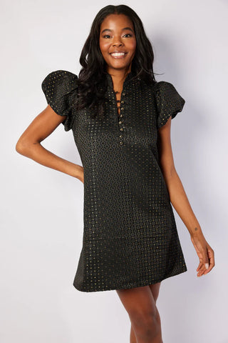 Puff Sleeve Button Front Dress - Black/Gold Jacquard