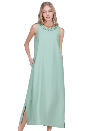 Zig Zag Trim Neck Column Dress - Sage