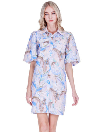Puff Sleeve Fitted Shirtdress - Vintage Mist Eyelet
