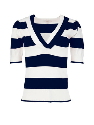 Yona Striped V-Neck Short Sleeve Sweater - White/Navy