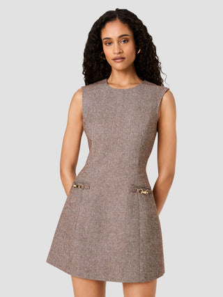 Naya Herringbone Mini Dress- Chestnut Brown/Cream