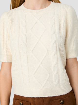 Wesley Knit Puff Sleeve Cable Top-Porcelain Cream