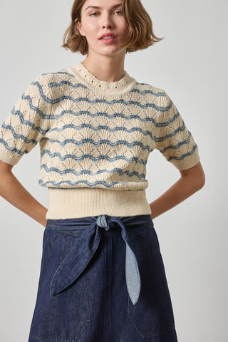 Short Sleeve Multistitch Pullover Sweater - Winter White Stripe