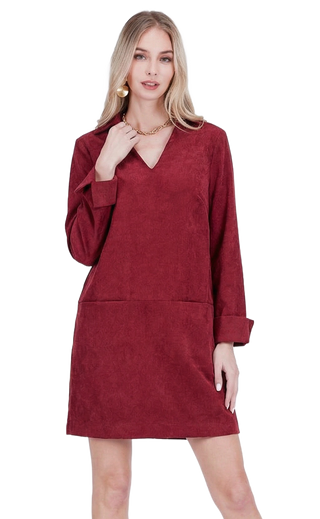 Split Neck Collar Dress - Wine