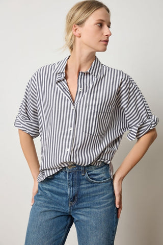 Dolman Sleeve Button Down Shirt - Navy/White Stripe