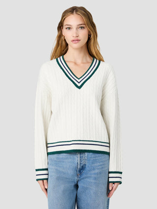 Aleyna Knit V-Neck Cable Pullover-Porcelain Cream/Teal Marine