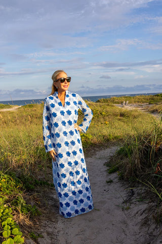 Beaded Eyelet Caftan - Blue/White