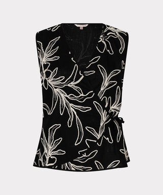 Top Wrap Over Flower Embroidery - Black