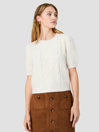 Wesley Knit Puff Sleeve Cable Top-Porcelain Cream