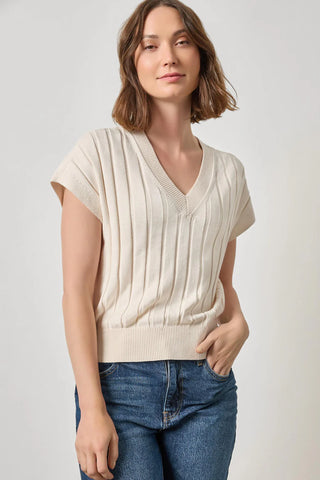 Wide Rib Wedge V-Neck Sweater - Pearl